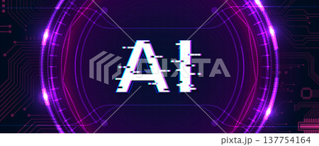 Artificial intelligence AI glitch effect inside neon purple circular circuit interface Artificial intelligence AI glitch effect inside neon purple circular circuit interface 137754164