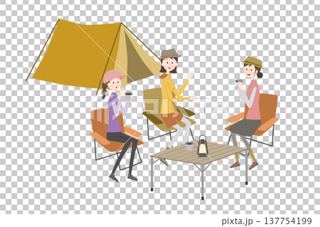 キャンプ場で座って会話している女性たち キャンプ場で座って会話している女性たち 137754199