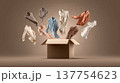 Floating shirt cardboard box flying clothing pastel color minimal background fashion concept creative composition levitation effect beige tone 137754623