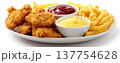 Fried chicken french fry fast food ketchup mustard mayonnaise crispy snack plate lunch fried chicken with french fry and dipping sauce white plate 137754628