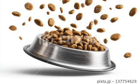 Dry cat food pet bowl kibble flying isolated white background stainless steel meal pet care nutrition Dry cat food flying from tilted pet bowl 137754629