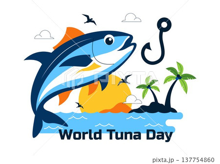 World Tuna Day Vector Illustration Featuring Jumping Tuna Fish Ocean Waves Fishing Boat Anchor And Marine Conservation Awareness Design 137754860