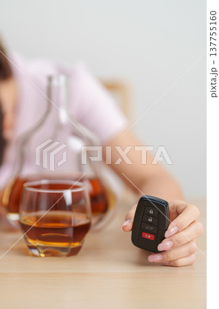 Responsible woman reject a drink before driving for road safety, Man making stop hand gesture to refuse a glass of whiskey and car remote. Avoid drink and drive, Drunk Driving Law concept 137755160