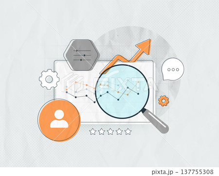 User profile analytics dashboard, social media insights visualization, customer analysis tool, audience engagement metrics graph, user behavior data monitoring, trendy paper collage illustration 137755308