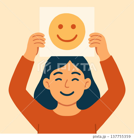 Woman smiling holding smiley emoji 137755359