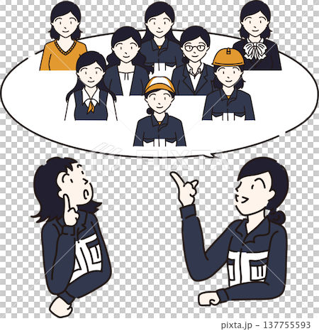 An illustration of women in navy blue uniforms discussing various departments and positions. An illustration of women in navy blue uniforms discussing various departments and positions. 137755593