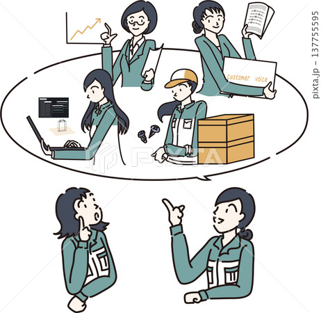 様々な部署のことを話す女性達のイラスト　緑色の制服 137755595