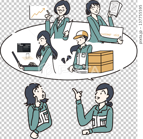 様々な部署のことを話す女性達のイラスト　緑色の制服 137755595
