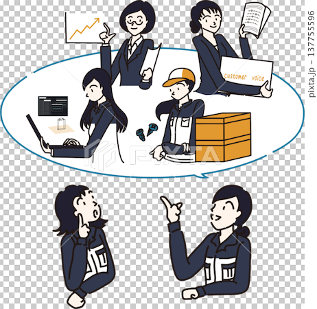 插圖描繪了身穿藏藍色制服的女性正在討論各個部門的情況。 137755596