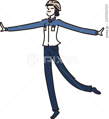 ヘルメットをかぶり両手を広げる作業服を着た女性のイラスト　青色の制服 137755757