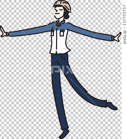 ヘルメットをかぶり両手を広げる作業服を着た女性のイラスト　青色の制服 137755757