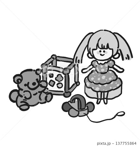 おもちゃのモノクロイラスト（ぬいぐるみ・人形・知育玩具・木のおもちゃ） 137755864