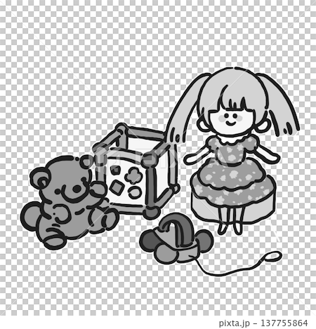 おもちゃのモノクロイラスト（ぬいぐるみ・人形・知育玩具・木のおもちゃ） 137755864