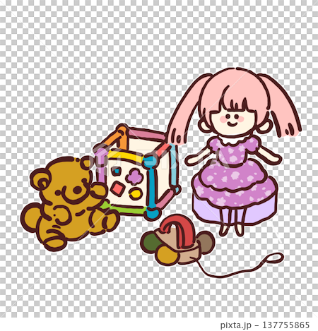 玩具的彩色插畫(絨毛玩具、娃娃、益智玩具、木製玩具) 玩具的彩色插畫(絨毛玩具、娃娃、益智玩具、木製玩具) 137755865