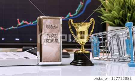 Gold Bar, Trophy and Shopping Cart in Wealth Growth Concept 137755888