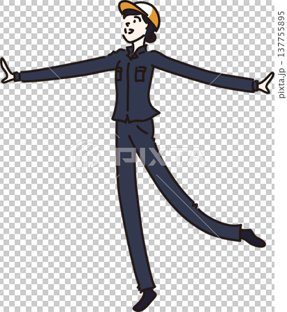 帽子をかぶり笑顔で両手を広げる作業服を着た女性のイラスト 紺色の制服 帽子をかぶり笑顔で両手を広げる作業服を着た女性のイラスト 紺色の制服 137755895
