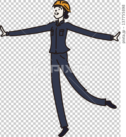 ヘルメットをかぶり笑顔で両手を広げる作業服を着た女性のイラスト　紺色の制服 137755898
