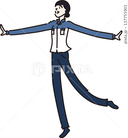 笑顔で両手を広げる作業服を着た女性のイラスト 青色の制服 笑顔で両手を広げる作業服を着た女性のイラスト 青色の制服 137755901