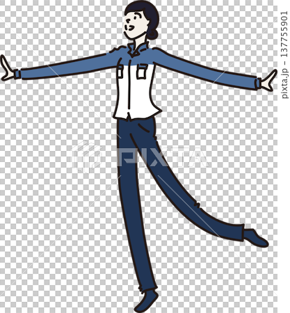 An illustration of a woman in work clothes with her arms outstretched and smiling. 137755901