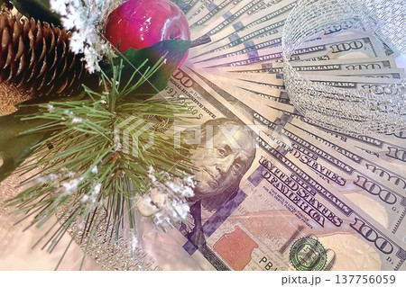 Christmas Cash and Holiday Decorations. $100 dollar bills with festive ornaments. Perfect for holiday budget, bonus, and shopping concepts. Christmas Cash and Holiday Decorations. $100 dollar bills with festive ornaments. Perfect for holiday budget, bonus, and shopping concepts. 137756059