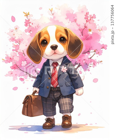 桜の木の下を笑顔で駆け寄るビーグルの新生活イラスト8／チラシやポスター用素材 137756064