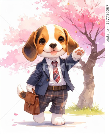 桜の木の下を笑顔で駆け寄るビーグルの新生活イラスト5／チラシやポスター用素材 137756067
