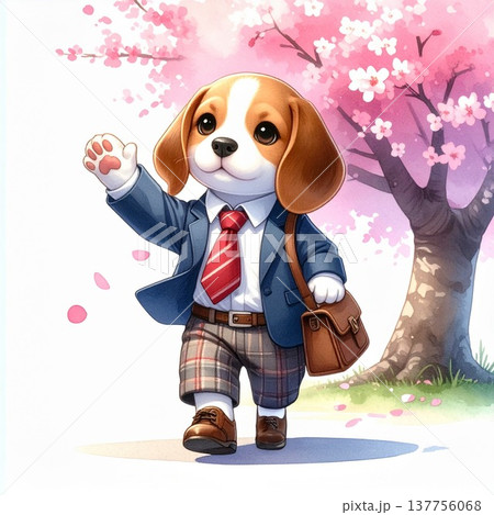 桜の木の下を笑顔で駆け寄るビーグルの新生活イラスト4／チラシやポスター用素材 137756068