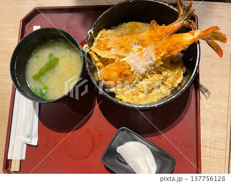 Japanese shrimp katsu don set with miso soup and pickled radish 137756128