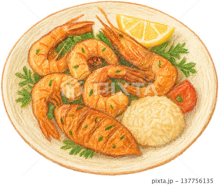 Hand drawn colored pencil grilled shrimp plate illustration, Ivorian food, transparent background 137756135