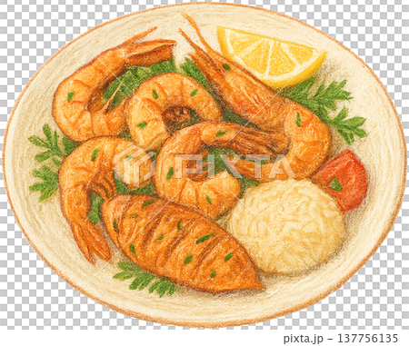 Hand drawn colored pencil grilled shrimp plate illustration, Ivorian food, transparent background 137756135