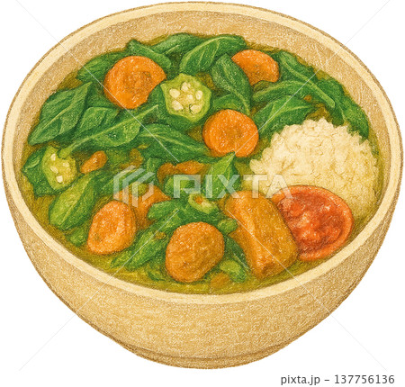 Hand drawn colored pencil vegetable stew illustration, Ivorian food, transparent background 137756136