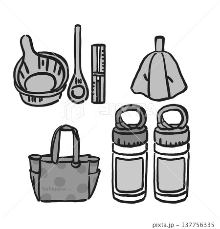 サウナグッズのモノクロイラスト（サウナハット・ボトル・温度計・サウナバッグ） 137756335