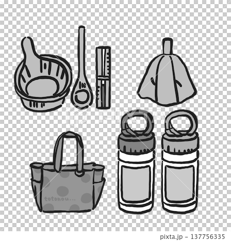 サウナグッズのモノクロイラスト（サウナハット・ボトル・温度計・サウナバッグ） 137756335