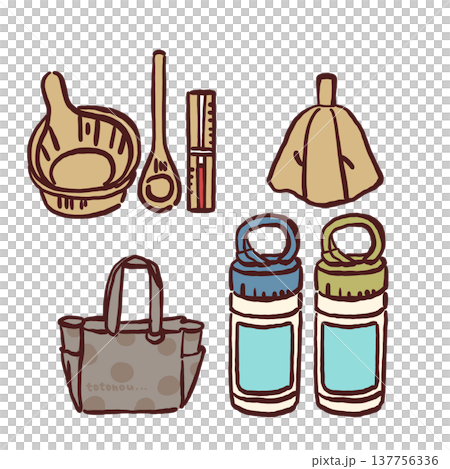 桑拿用品（桑拿帽、水壺、溫度計、桑拿袋）的彩色插圖 137756336