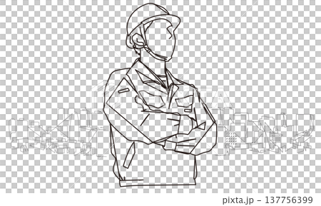 Line art illustration of a construction worker with his arms crossed. 137756399