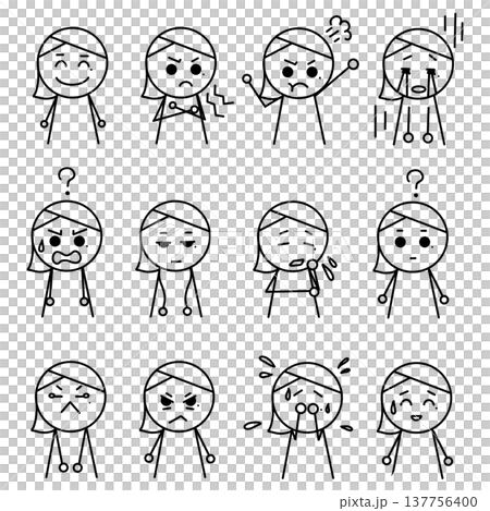 A set of illustrations of girls laughing, crying, and getting angry, with white borders. 137756400