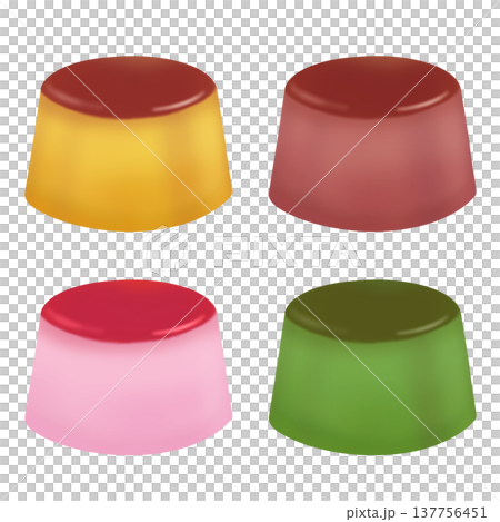 A set illustration of custard, chocolate, strawberry, and matcha pudding. 137756451