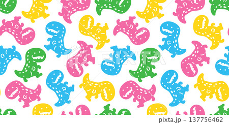t-rex seamless pattern Tyrannosaurus rex dinosaur cartoon walking vector character doodle illustration tile background wrapping paper repeat wallpaper pastel color scarf isolated design 137756462