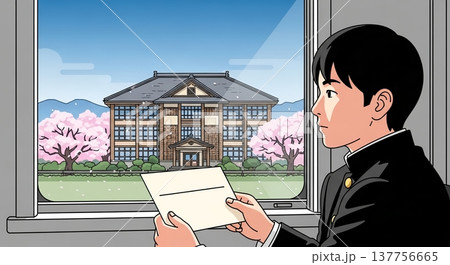 窓辺の受験生と桜並木 137756665