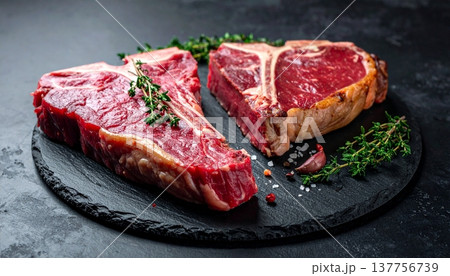 T-bone steaks against a dark backdrop 137756739