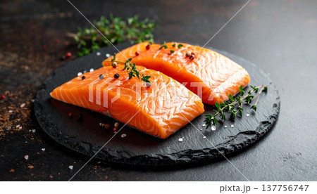 Salmon slices sashimi with thyme on a rustic slate platter against a dark backdrop Salmon slices sashimi with thyme on a rustic slate platter against a dark backdrop 137756747