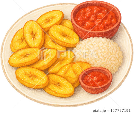 Hand drawn colored pencil fried plantain illustration, Nigerian food, transparent background 137757191