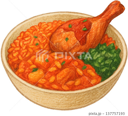Hand drawn colored pencil jollof rice illustration, Nigerian food, transparent background 137757193