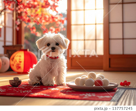 和室で月見を楽しむマルチーズ 137757245