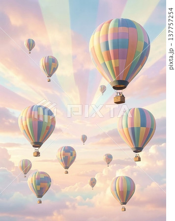 Colorful hot air balloons drift peacefully across a pastel sky filled with soft clouds, creating a whimsical and serene atmosphere. Colorful hot air balloons drift peacefully across a pastel sky filled with soft clouds, creating a whimsical and serene atmosphere. 137757254