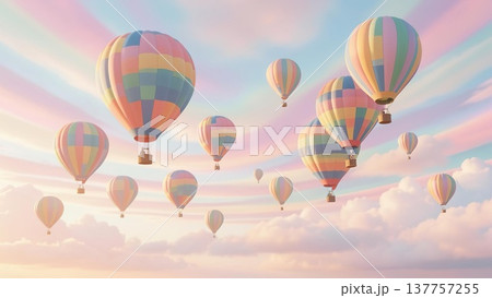 Colorful hot air balloons drift peacefully across a pastel sky filled with soft clouds, creating a whimsical and serene atmosphere. 137757255