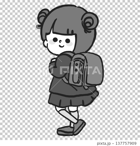 A monochrome illustration of a first-grade girl with a schoolbag on her back. 137757909