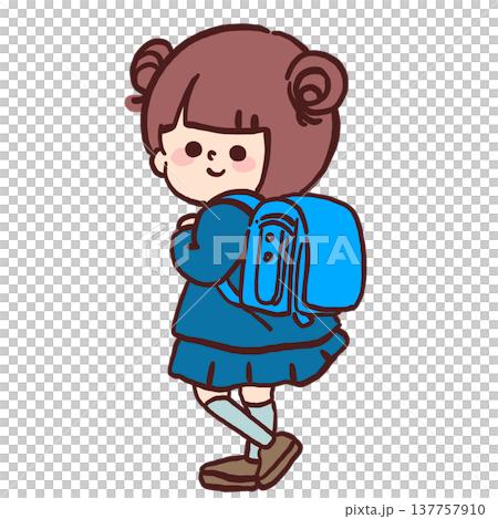 A color illustration of a first-grade girl with a schoolbag on her back. 137757910