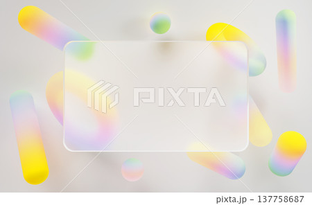 Liquid glass morphism frame and color gradient blur geometric shapes on light pastel 3d background. Glassmorphism UI element, transparent frosted rectangular banner on abstract bg. 3D illustration 137758687