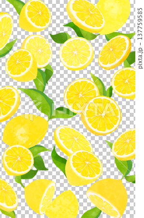 葉付きレモンの散らばる透過背景_縦 137759585